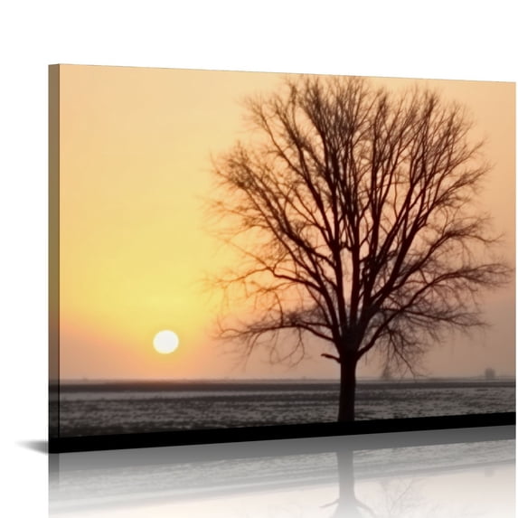 Nawypu - Black and White Tree Wall Art Gold Sunset Landscape Painting Print on Canvas Framed Warm Winter Scenery Poster for Living Room Bedroom Decoration