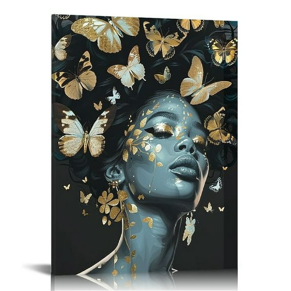 Nawypu Black Woman Butterflies Wall Decor Wrapped Canvas Wall Art Black Queen Home Decor Motivational Black Girl Wall Art Black Art Paintings for Wall Abstract Canvas Wall Art