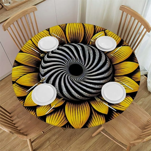Nawypu Black and Yellow Sunflowers Round Tablecloth, Fitted Round Table Cloth with Elastic Edge Wipeable Table Protector for Indoor Outdoor Party Picnic