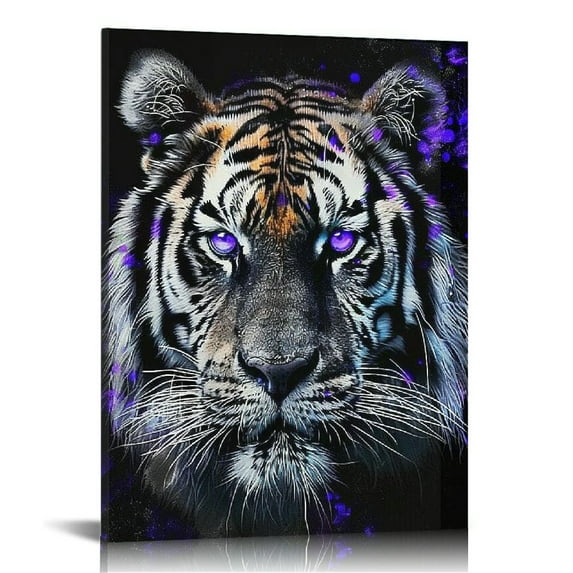 Nawypu Black and White Animal Wall Art Leopard Wolf Lion Tiger Head with Purple Eyes Paintings Canvas Wildlife Artwork Framed Ready to Hang
