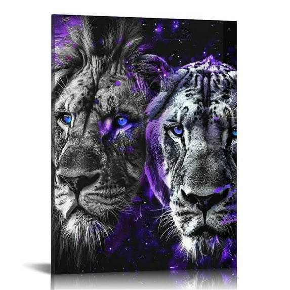 Nawypu Black and White Animal Wall Art Leopard Wolf Lion Tiger Head with Purple Eyes Paintings Canvas Wildlife Artwork Framed Ready to Hang