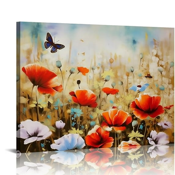 Nawypu  Blooming Poppies Canvas Prints Wall Art Colorful Flowers Pictures Paintings for Living Room Bedroom Bathroom Home Decorations Modern Stretched and Framed Pretty Floral Giclee Artwork