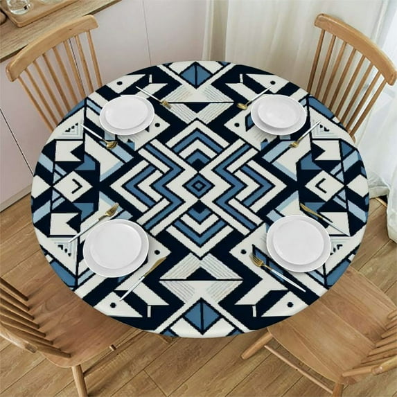 Nawypu Blue Abstract Round Tablecloth, Fitted Table Cover with Elastic Round Tables, Modern Geometric Contemporary Art Table Cloth Outdoor Indoor Dinning Party Waterproof Tablecloths