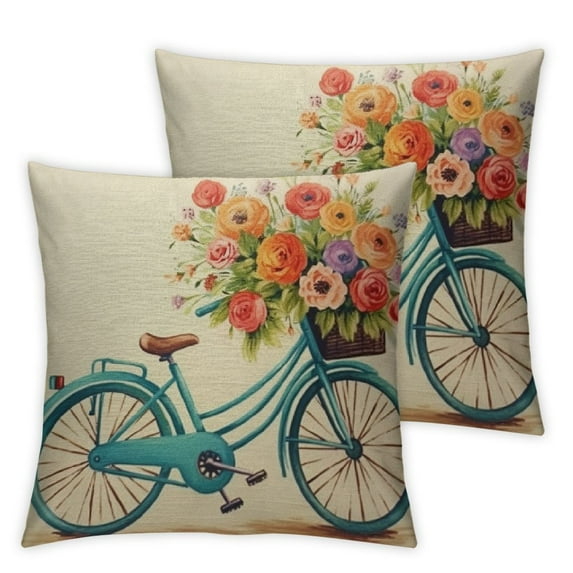 Nawypu Blue Bicycle Pillows Decorative Throw Pillow Cover Vintage Watercolor Summer Flowers Bike Pillow Case Cushion Cover for Sofa Bed Living Room 20x20in