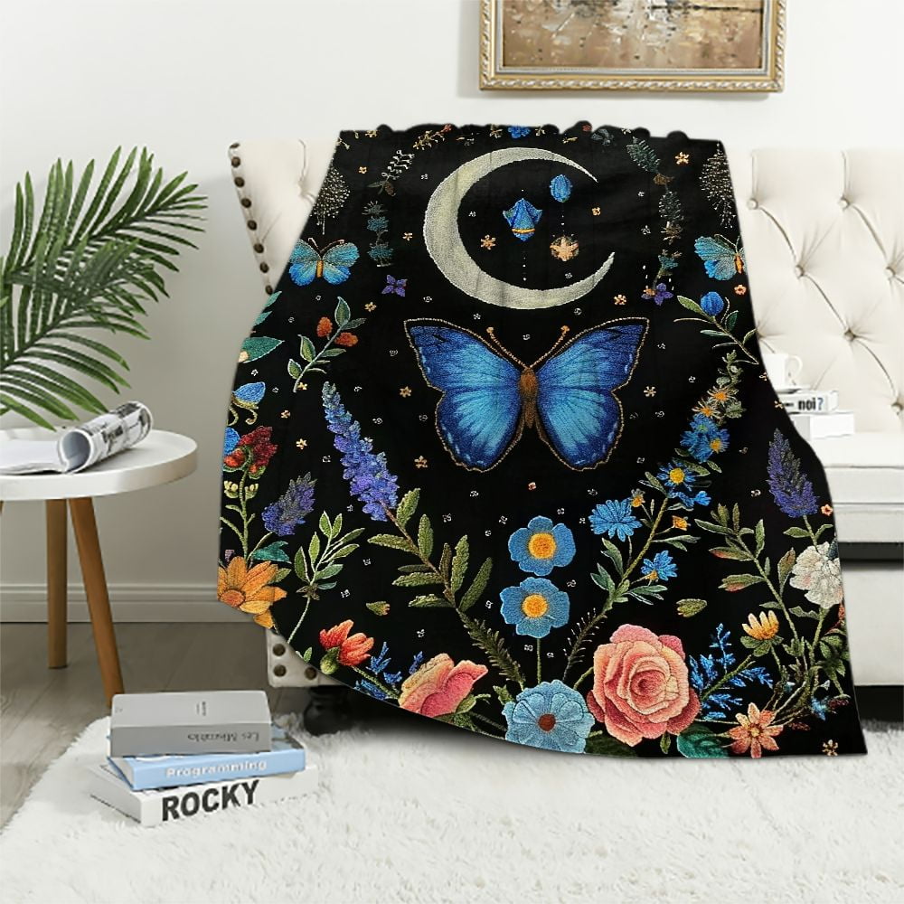 Nawypu Blue Butterfly Moon Flower Throw Blanket, Botanical Floral Plant