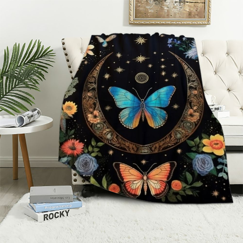 Nawypu Blue Butterfly Moon Flower Throw Blanket, Botanical Floral Plant