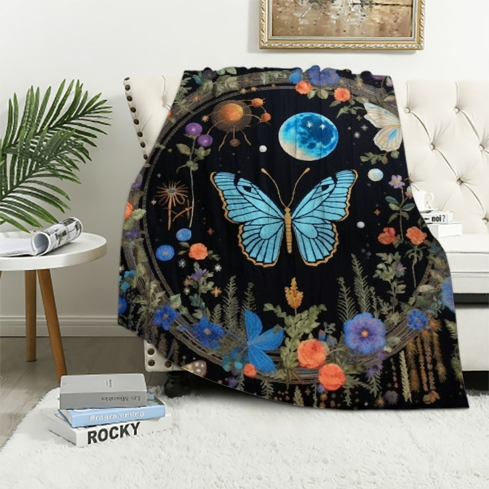Nawypu Blue Butterfly Moon Flower Throw Blanket, Botanical Floral Plant