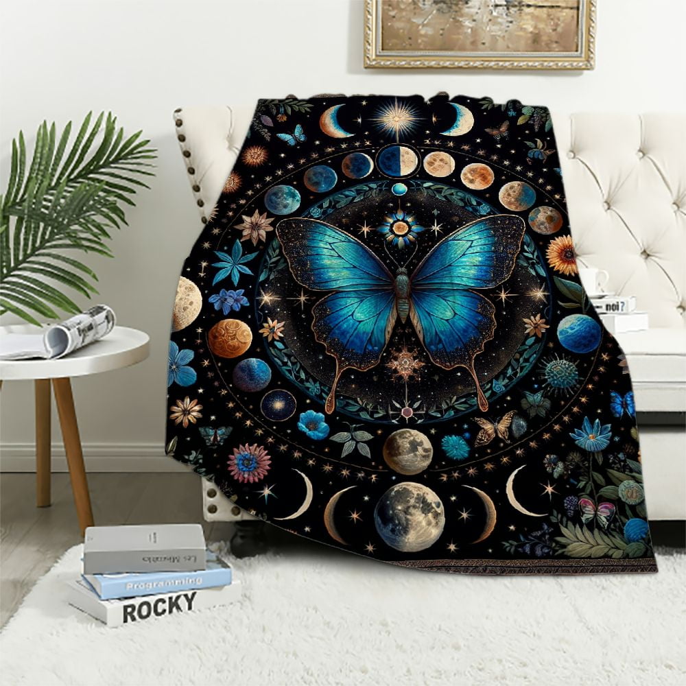 Nawypu Blue Butterfly Moon Flower Throw Blanket, Botanical Floral Plant