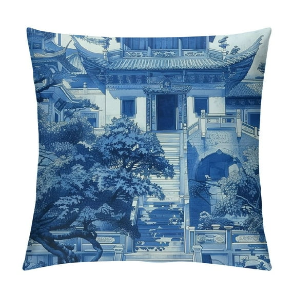 Nawypu  Blue Chinoiserie Temple Decorative Pillow Covers Chinese Style Blue and White Porcelain Throw Pillow Case Cushion Cover for Couch, Indoor Outdoor Decorations Home Decor