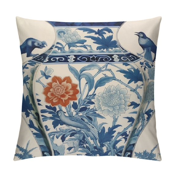 Nawypu Blue Chinoiserie Vase Pillow Cover Blue and White Porcelain Oriental Garden Pillow Case Asian Scenic Chinoiserie Pillows Rustic Farmhouse Throw Pillow Covers for Chair