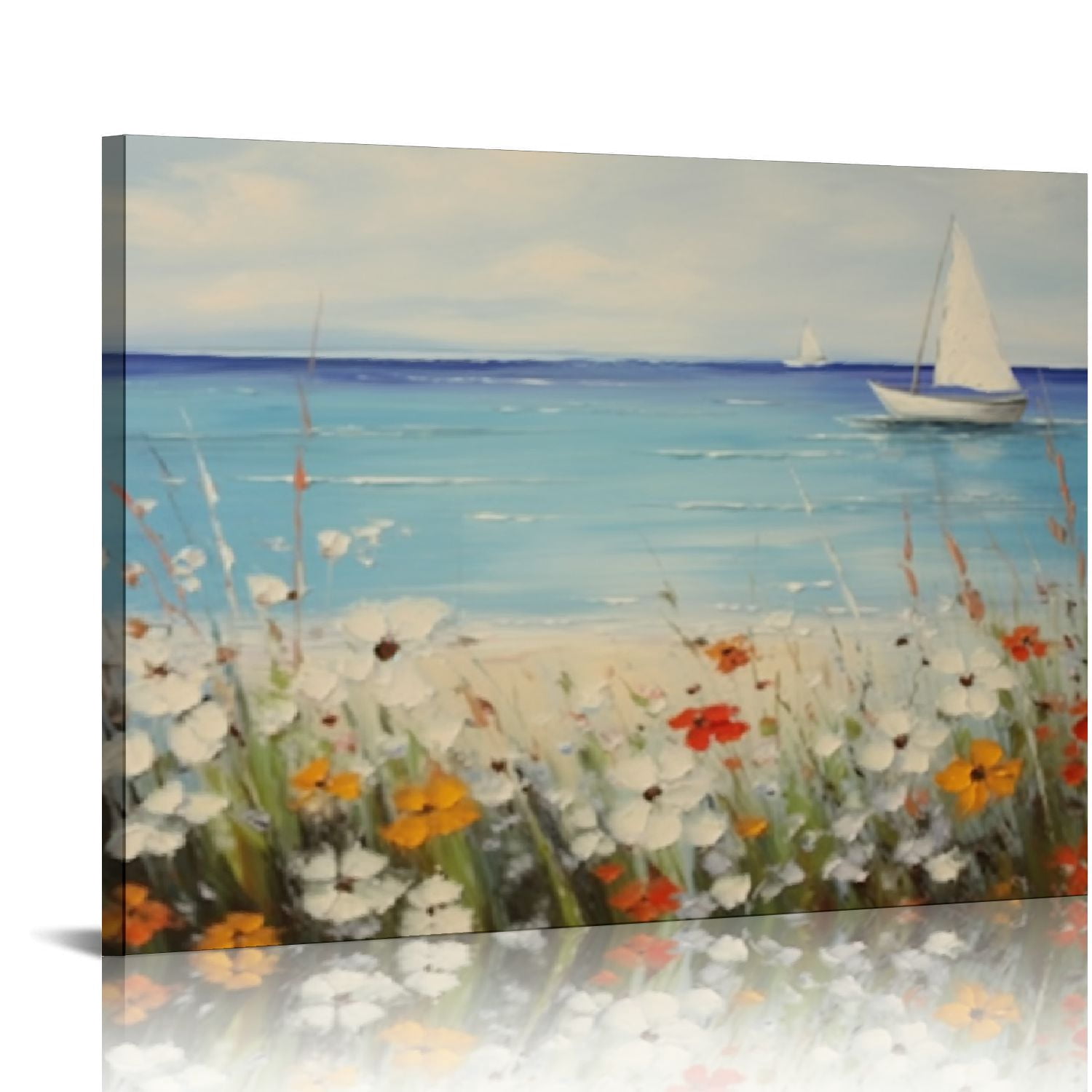 Nawypu Blue Coastal Wall Art Ocean Canvas Flowers Daisy Painting ...