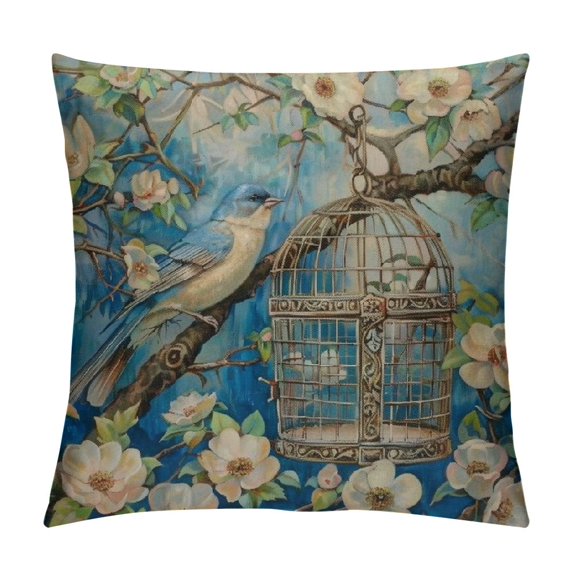 Nawypu Blue Cottage Bird Birdcage and Blossoms Decorative Square Covers Home Decor Flowers and Birds Throw Pillow Covers Decorative Pillow Shells for Couch Living Room Bedroom Car