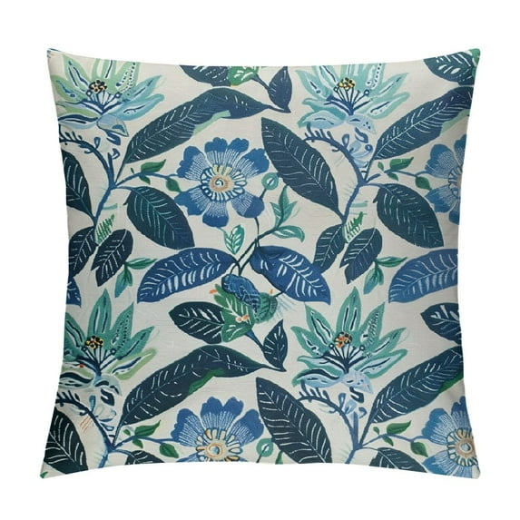 Nawypu Blue Floral Block Print Pillow Covers 18x18 Light Blue Green Chinoiserie Flowers Birds Monsoon Decorative Pillows Outdoor Farmhouse Cushion Case Pillowcase for Sofa Bed Room Decor