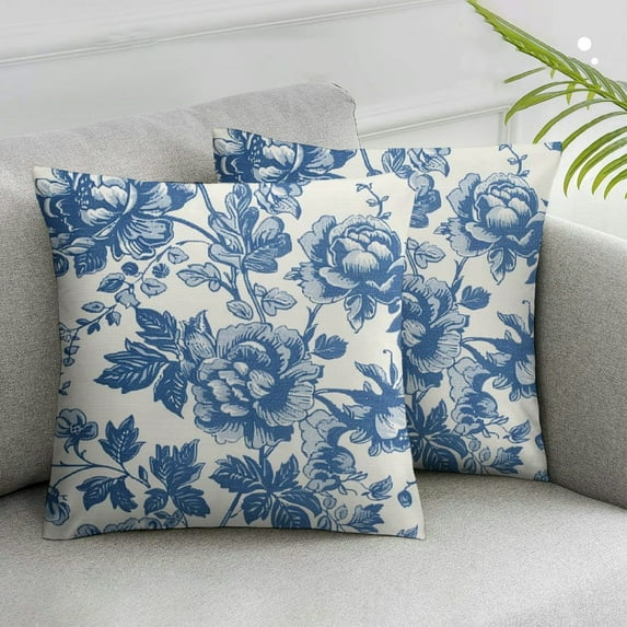 Jiayy Blue Floral Pillow Covers  Vintage Flower Blue White Decorative Throw Pillow Covers Set of 2 Chinoiserie Pillowcases  Square Cushion Covers For Couch Bed Sofa Chair Car Decor White