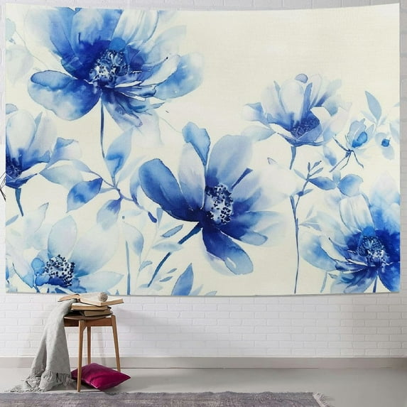 Nawypu Blue Floral Tapestry Beautiful Wash And Ink Plant Leaves Cottage Aesthetic beige blue Decorative Backdrop Wall Couch Office Dorm Headboard Bar Club Decor Hanging
