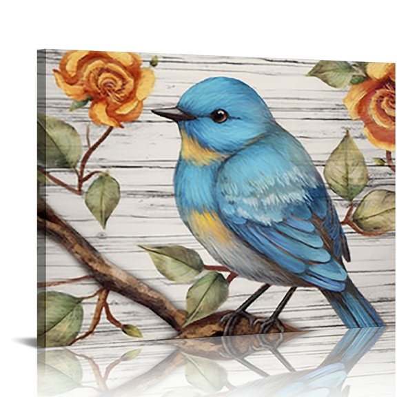 Nawypu  Blue Flower Bird Canvas Wall Art Abstract Birds on Tree Branch Animal Grey Artwork for Bedroom Bathroom Home Decor Stretched and Framed Ready to Hang
