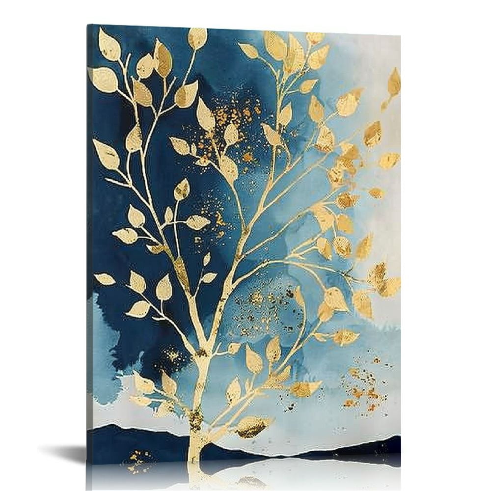 Nawypu Blue Gold Abstract Canvas Wall Art Golden Tree Picture Blue ...