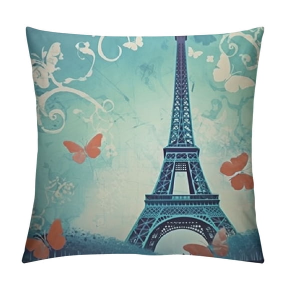 Nawypu Blue Paris Butterfly Love Flower Pattern Square Throw Pillow Case Decorative Durable Cushion Slipcover Home Decor Standard Size Accent Pillowcase Slip Cover