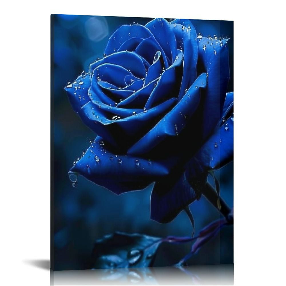 Nawypu Blue Rose Wall Art Rose Flowers Blossom on the Black Background