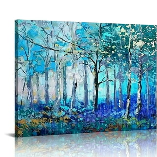 Arjun Tree Wall Art Teal Blue Nature Tree of Life Abstract Canvas Painting  Textured Picture, Modern Large Panoramic Landscape Artwork Framed for