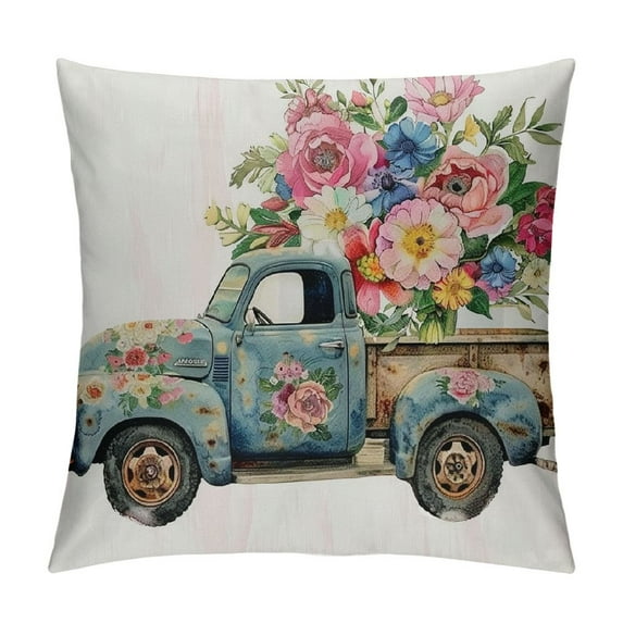 Nawypu Blue Truck Hydrangea Spring Throw Pillow Covers Pink Floral Outdoor Spring Summer Decor Farmhouse Lumbar Decorative Throw Pillows Cases Decorations for Couch Sofa Porch