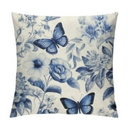Nawypu  Blue and White Floral Pillow Covers Chinoiserie Pillow Cover Farmhouse Butterflies Spring Throw Pillowcase Outdoor Cushion Cover for Sofa Bedroom Indoor Outdoor