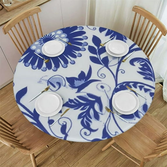 Nawypu Blue and White Porcelain Floral Tablecloth Round Spring Summer Leaf Boho Tablecloths Porcerlain Flower Table Clothes Reusable Circle Table Cover for Dining Room Picnic Party Home Decor