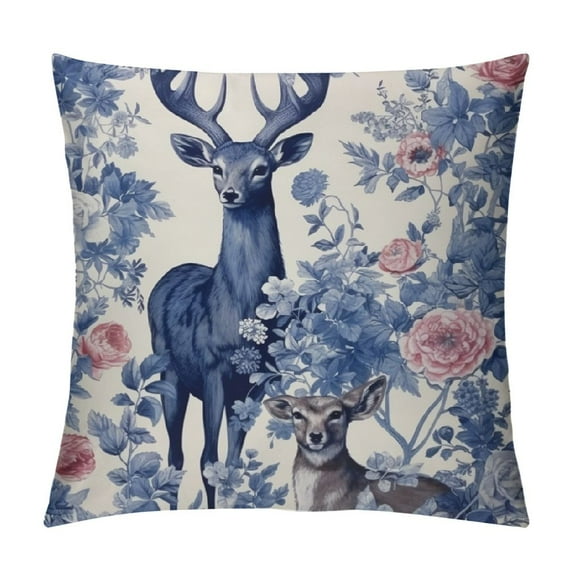 Nawypu Blue and White Porcelain Throw Pillow Covers Set of Animal Bird Deer and Flowers Couch Cushion Covers Vintage Elegant Farmhouse Home Living Room Bedroom Sofa Decor Cushion Cover,