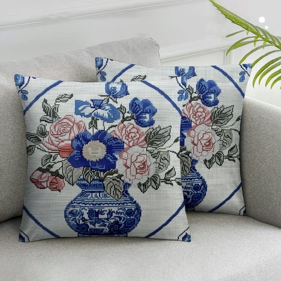CMMY Blue and White Porcelain Throw Pillow Covers Square Pillowcases Home Decorative Pillows for Couch Sofa Bed Breathable with Hidden Zipper 2pcs