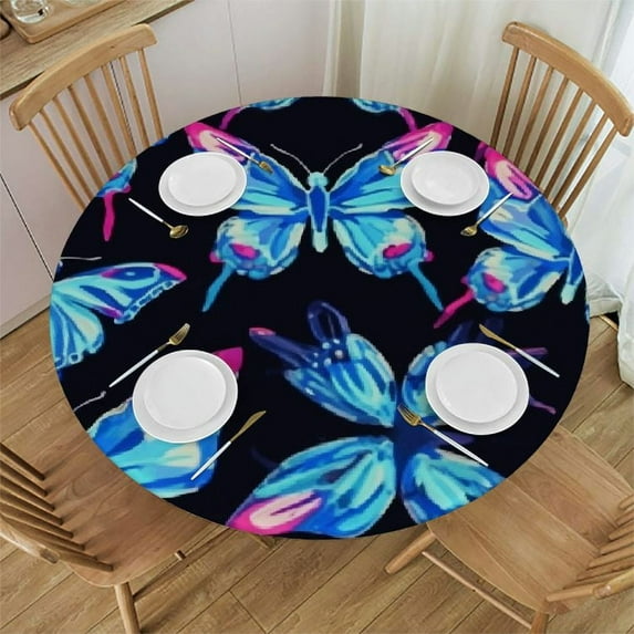 Nawypu Blue Wings Big Butterflies Round Fitted Tablecloth with Elastic Protector Table Kitchen Dinner Waterproof Oil-Proof Table Covers