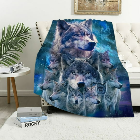 Nawypu Blue Wolf Throw Blanket Winter Wolves Animal Comfy Reversible Blanket Lightweight Soft Thick Warm Blanket for Bed Couch Twin
