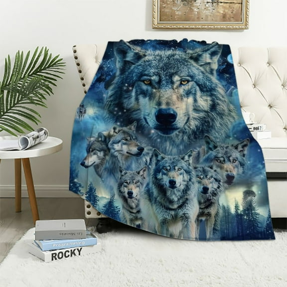 Nawypu Blue Wolf Throw Blanket Winter Wolves Animal Comfy Reversible Blanket Lightweight Soft Thick Warm Blanket for Bed Couch Twin