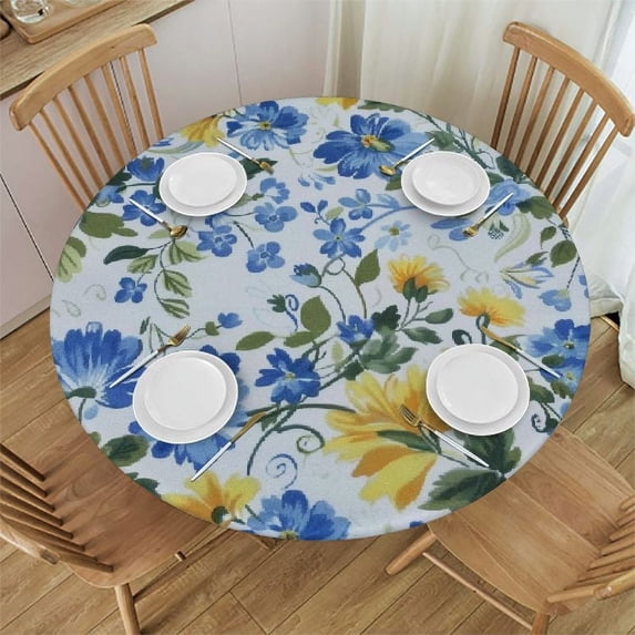 Nawypu Blue Yellow Floral Leaf Round Tablecloth Summer Spring Wildflower Table Clothes Watercolor Flowers Tablecloths Washable Circle Table Cover for Picnic Dining Room Home Outdoor Decor
