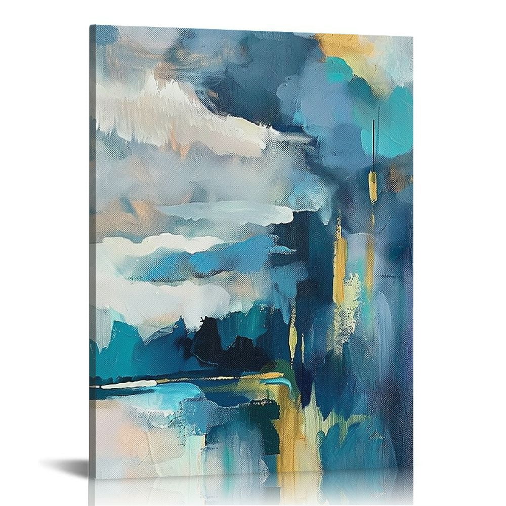 Nawypu Blue and Gold Abstract Canvas Wall Art, Modern Blue Wall Art ...