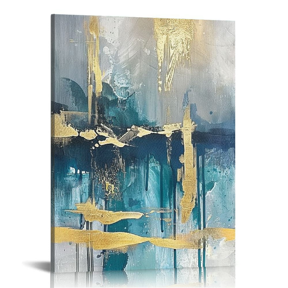Nawypu Blue and Gold Abstract Canvas Wall Art, Modern Blue Wall Art ...
