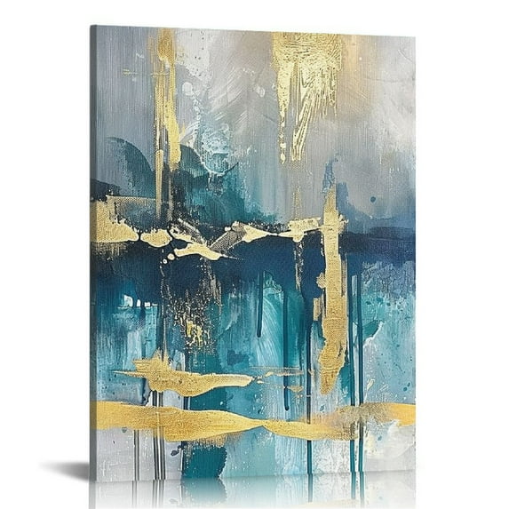 Nawypu Blue and Gold Abstract Canvas Wall Art, Modern Blue Wall Art Decor for Bedroom Bathroom,