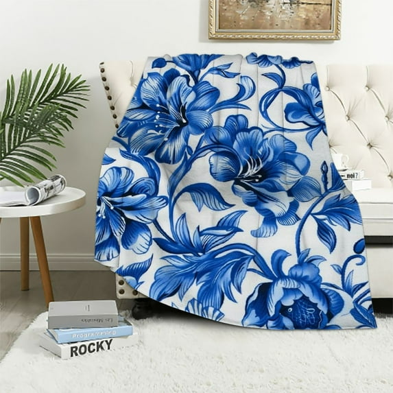Nawypu Blue and White Porcelain Print Blanket for Bed Sofa Camping Office Travel Housewarming Decor Warm Cozy Soft Throw Blankets