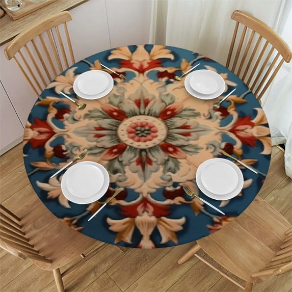 Nawypu Bohemian Mandala Round Fitted Tablecloth with Elastic Edge Fitted Table Cloth for Round Table Circular Table Cover Waterproof Wipeable Round Elastic Table Cloth