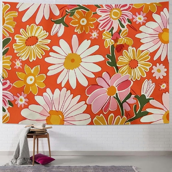 Nawypu Boho Floral Tapestry Vintage Pink and White Flower Hippie Abstract Orange Tapestry Home Decor Wall Hanging for Living Room Bedroom Dorm