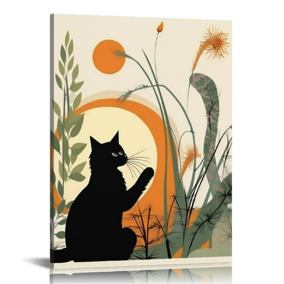 Nawypu Boho Minimalist Cat Canvas Wall Art, Black Cat with Abstract Geometry and Green Leaves Canvas Art Wall Decor, Mid Century Decor for Living Room Bedroom Bathroom Ready to Hanging