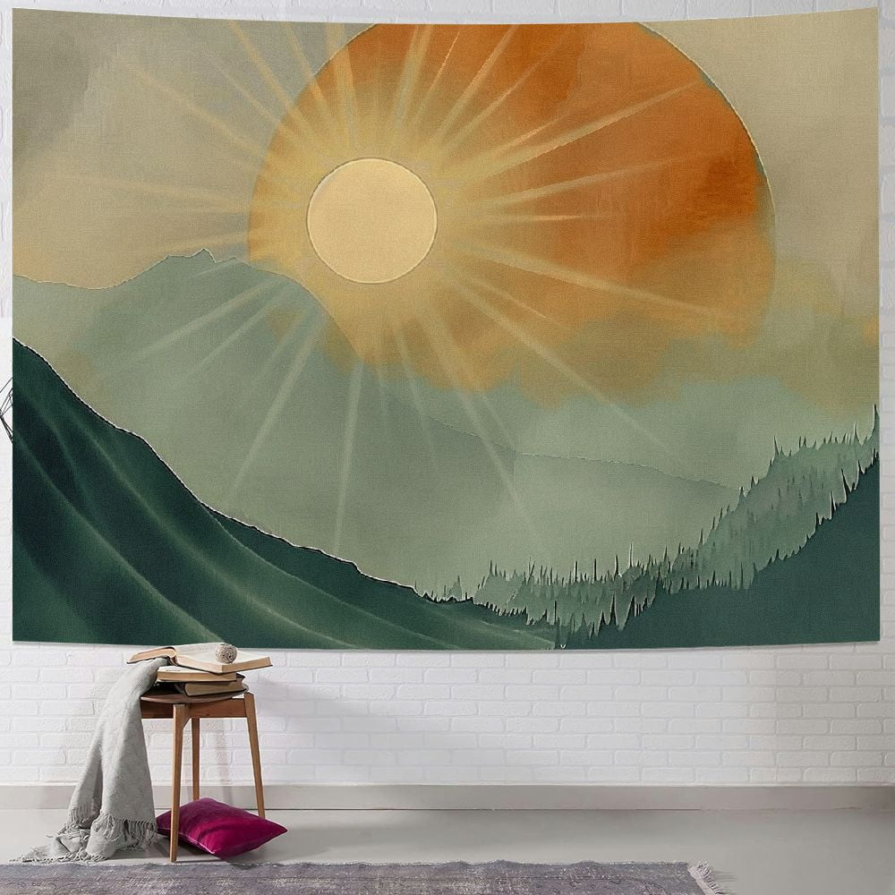Nawypu Boho Sage Green Tapestry, Abstract Mountain Golden Sun Nature