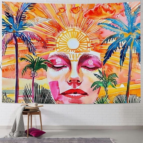 Nawypu Boho Sun Tapestry Pink Wave Tapestries Retro 70s Rainbow Sunrise Sunset Tapestry Bohemian Mid Century Tapestry Tropical Coconut Palm Tree Wall Hanging for Bedroom