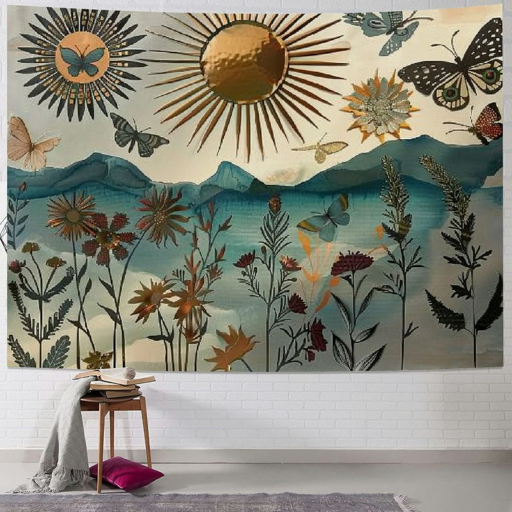 Nawypu Boho Tapestry, Mid Century Modern Meadow with Mountains