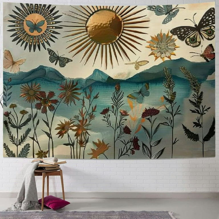 Nawypu Boho Tapestry, Mid Century Modern Meadow with Mountains