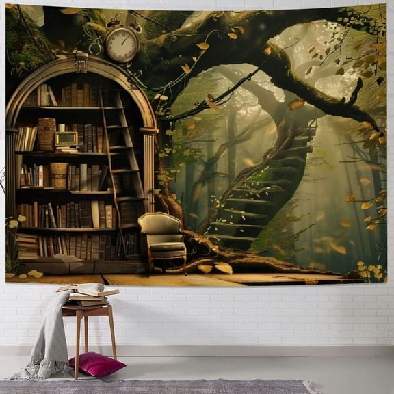 Nawypu Bookshelf Tapestry, Fairy Tale Forest Academic Tapestry Wall Hanging Largre Book House Witch Hogwarts Tapestries for Bedroom Living Room Home Decor