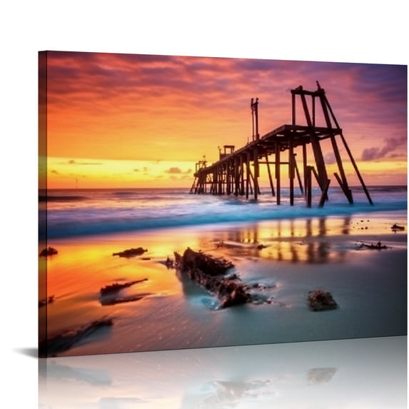 Nawypu Broken Wooden Sunset-Sea Pier and Bridge Wall Art Canvas-20x16 inch
