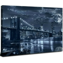 Nawypu  Brooklyn Bridge Canvas Wall Art New York City Full Moon Picture Prints Modern Home Office Living Room Dark Blue Decoration