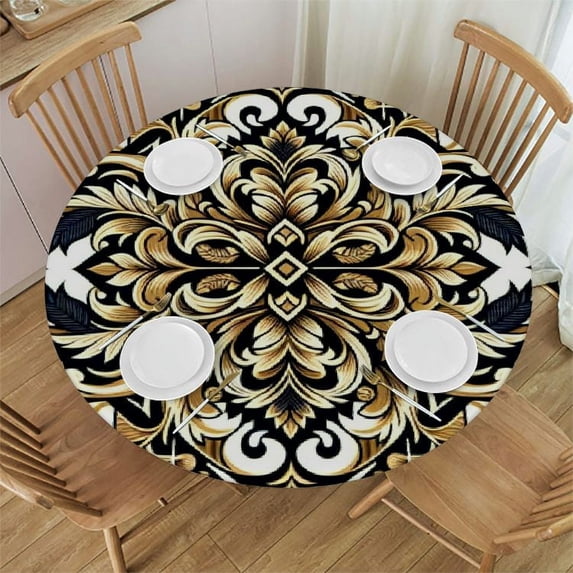 Nawypu Brown Grey Round Tablecloth, Fitted Table Cover with Elastic Round Tables, Modern Abstract Geometric Contemporary Table Cloth Outdoor Indoor Dinning Party Waterproof Tablecloths