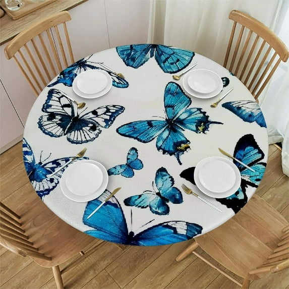 Nawypu  Butterfly Blue Round Elastic Table Cover Animals Exquisite Wings Fantasy Table Cloth Tablecloths for Home Decor, Parties, Picnic，Multi-Size