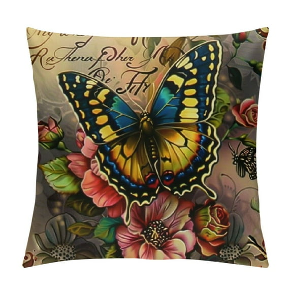 Nawypu  Butterfly Pattern Throw Pillow Covers Vintage Style Home Decorative Cushion Cover Yellow&amp;Pink Flowers Pillowcase ,(Butterfly Pattern)